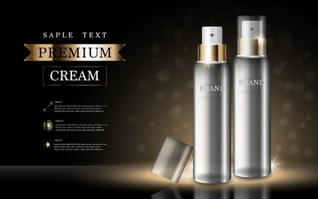 Hydrating facial cream for annual sale or festival sale. silver and gold cream mask bottle isolated on glitter particles background. Graceful cosmetic ads, illustration.のイラスト素材