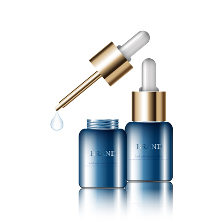 Hydrating facial serum for annual sale or festival sale. blue and gold serum mask bottle isolated on glitter particles background. Graceful cosmetic ads, illustration.のイラスト素材