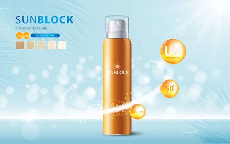 Sunblock ads template, sun protection cosmetic products design with moisturizer cream or liquid, sparkling background with glitter polka, vector design.のイラスト素材