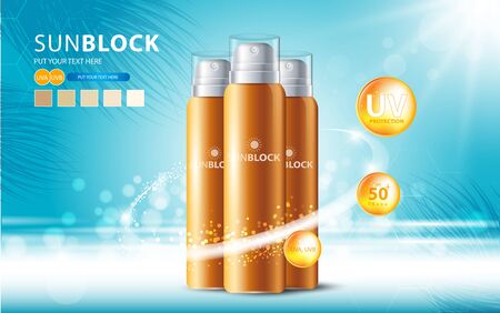 Sunblock ads template, sun protection cosmetic products design with moisturizer cream or liquid, sparkling background with glitter polka, vector design.のイラスト素材