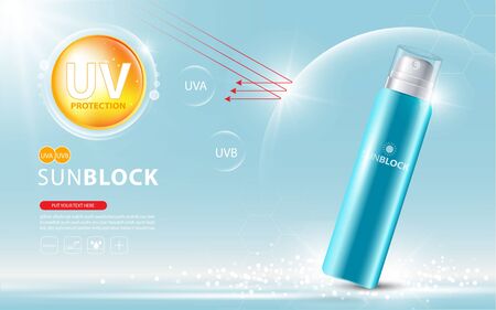 Sunblock ads template, sun protection cosmetic products design with moisturizer cream or liquid, sparkling background with glitter polka, vector design.のイラスト素材