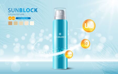Sunblock ads template, sun protection cosmetic products design with moisturizer cream or liquid, sparkling background with glitter polka, vector design.のイラスト素材