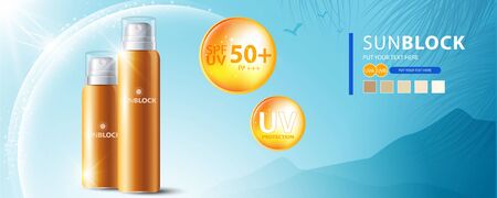 Sunblock ads template, sun protection cosmetic products design with moisturizer cream or liquid, sparkling background with glitter polka, vector design.のイラスト素材