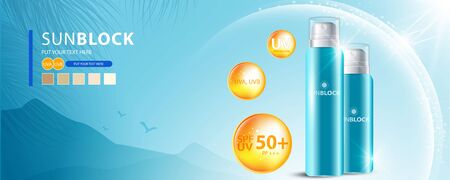 Sunblock ads template, sun protection cosmetic products design with moisturizer cream or liquid, sparkling background with glitter polka, vector design.のイラスト素材