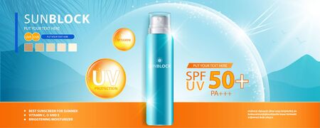 Sunblock ads template, sun protection cosmetic products design with moisturizer cream or liquid,...