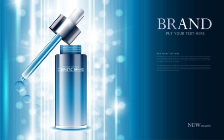 cosmetic product poster, bottle package design with moisturizer cream or liquid, sparkling background with glitter polka, vector design.のイラスト素材