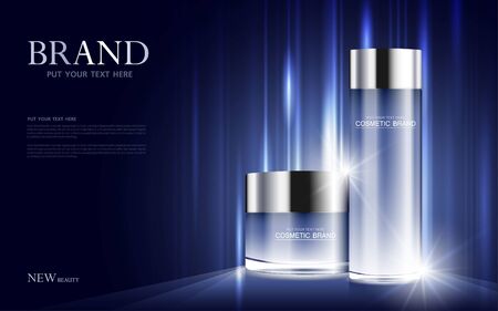 cosmetic product poster, bottle package design with moisturizer cream or liquid, sparkling background with glitter polka, vector design.のイラスト素材