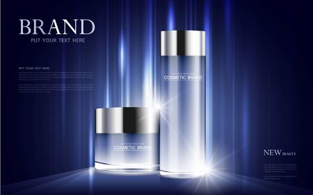 cosmetic product poster, bottle package design with moisturizer cream or liquid, sparkling background with glitter polka, vector design.のイラスト素材