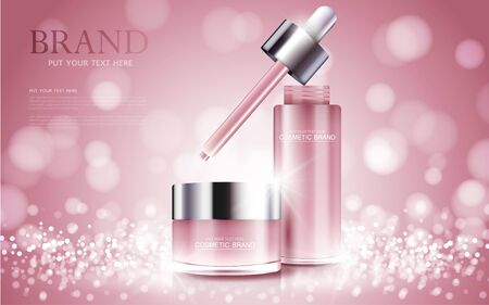 cosmetic product poster, bottle package design with moisturizer cream or liquid, sparkling background with glitter polka, vector design.のイラスト素材