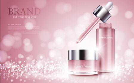 cosmetic product poster, bottle package design with moisturizer cream or liquid, sparkling background with glitter polka, vector design.のイラスト素材