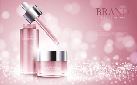 cosmetic product poster, bottle package design with moisturizer cream or liquid, sparkling background with glitter polka, vector design.のイラスト素材