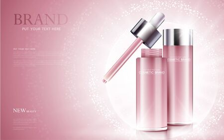 cosmetic product poster, bottle package design with moisturizer cream or liquid, sparkling background with glitter polka, vector design.のイラスト素材