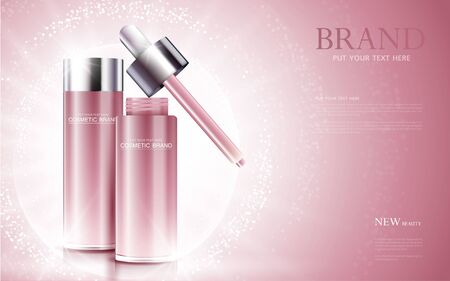 cosmetic product poster, bottle package design with moisturizer cream or liquid, sparkling background with glitter polka, vector design.のイラスト素材