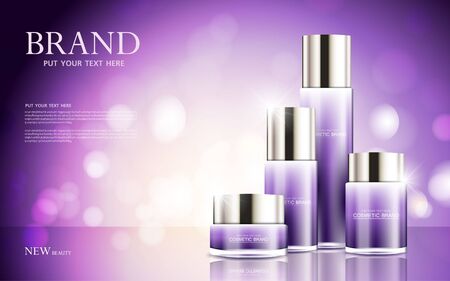 cosmetic product poster, bottle package design with moisturizer cream or liquid, sparkling background with glitter polka, vector design.のイラスト素材