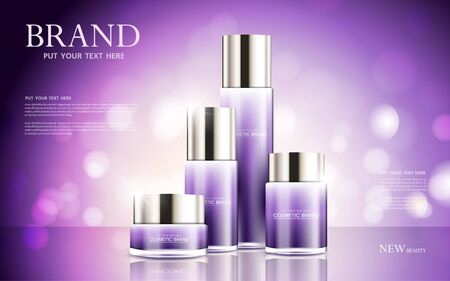 cosmetic product poster, bottle package design with moisturizer cream or liquid, sparkling background with glitter polka, vector design.のイラスト素材