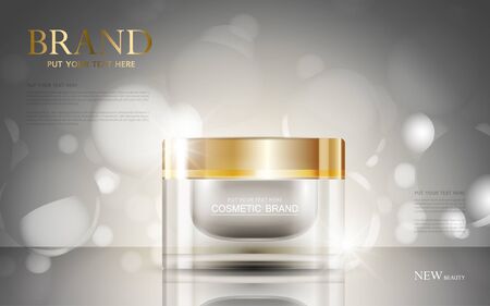 cosmetic product poster, bottle package design with moisturizer cream or liquid, sparkling background with glitter polka, vector design.のイラスト素材