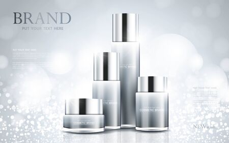 cosmetic product poster, bottle package design with moisturizer cream or liquid, sparkling background with glitter polka, vector design.のイラスト素材
