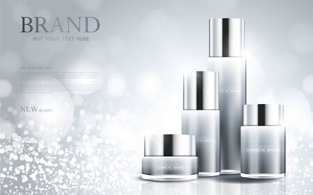 cosmetic product poster, bottle package design with moisturizer cream or liquid, sparkling background with glitter polka, vector design.のイラスト素材
