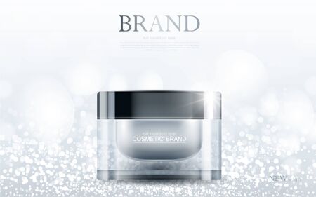 cosmetic product poster, bottle package design with moisturizer cream or liquid, sparkling background with glitter polka, vector design.のイラスト素材