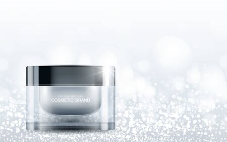 cosmetic product poster, bottle package design with moisturizer cream or liquid, sparkling background with glitter polka, vector design.のイラスト素材