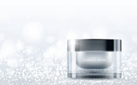 cosmetic product poster, bottle package design with moisturizer cream or liquid, sparkling background with glitter polka, vector design.のイラスト素材