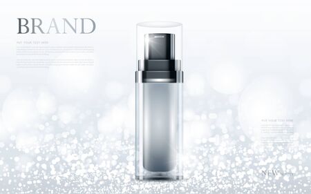 cosmetic product poster, bottle package design with moisturizer cream or liquid, sparkling background with glitter polka, vector design.のイラスト素材