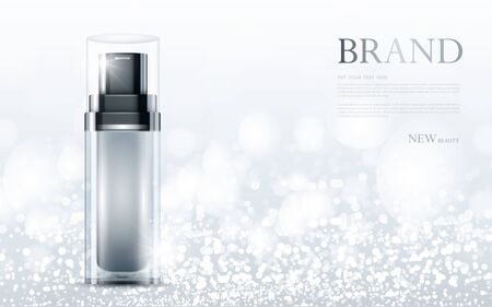 cosmetic product poster, bottle package design with moisturizer cream or liquid, sparkling background with glitter polka, vector design.のイラスト素材