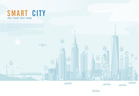 Smart city urban landscape with infographic elements. networks and augmented reality concept. Vector illustration.のイラスト素材