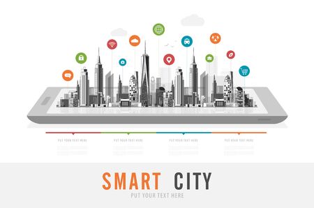 Smart city urban landscape with infographic elements. networks and augmented reality concept. Vector illustration.のイラスト素材