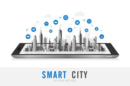 Smart city urban landscape with infographic elements. networks and augmented reality concept. Vector illustration.のイラスト素材
