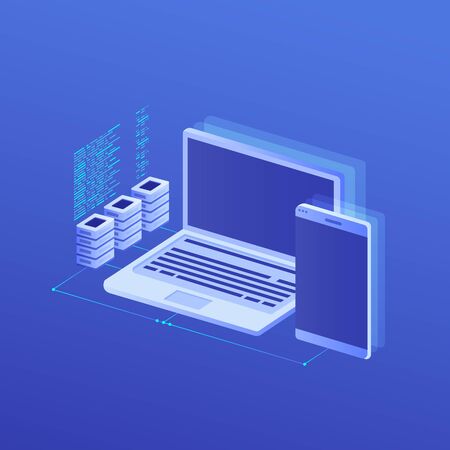 Effective template technology data, mining server farm room and smart digital devices such as phone ,computer, data, data processing vector illustration.のイラスト素材