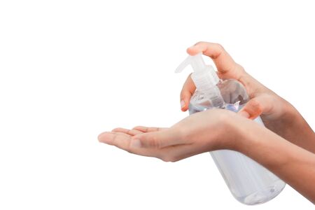 Washing hands with alcohol gel. Sanitizer after using a public restroom. Hygiene concept. Prevent the spread of germs and hand hygiene corona virus protection.の写真素材