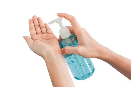 Washing hands with alcohol gel. Sanitizer after using a public restroom. Hygiene concept. Prevent the spread of germs and hand hygiene corona virus protection.の写真素材
