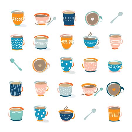 Coffee icons, design templates for coffee ads with retro ingredient plants and minimal designs, social medi stories for shop and house.のイラスト素材