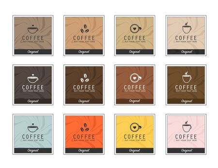 Coffee icons, design templates for coffee ads with retro ingredient plants and minimal designs, social medi stories for shop and house.のイラスト素材