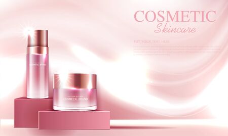 Hydrating facial rose cream for annual sale or festival sale. red silver cream mask bottle isolated on glitter particles background for product presentation. Graceful cosmetic ads, Vector illustrationのイラスト素材