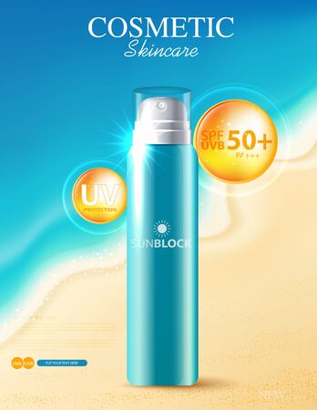Hydrating facial sunscreen for annual sale or festival sale. orange cream mask bottle isolated on glitter particles background for product presentation. Graceful cosmetic ads, Vector illustrationの写真素材