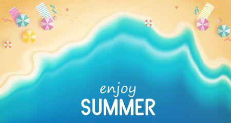 Top view summer with water play equipment placed on the beach. beach background with swim ring, sandals, umbrellas, balls, starfish and sea. vector illustration.の写真素材