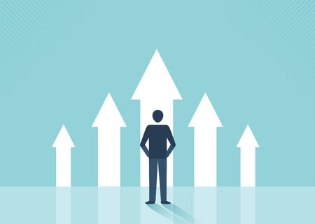Businessman standing on the crossroads with arrows. Different direction and success concept vector design.の写真素材