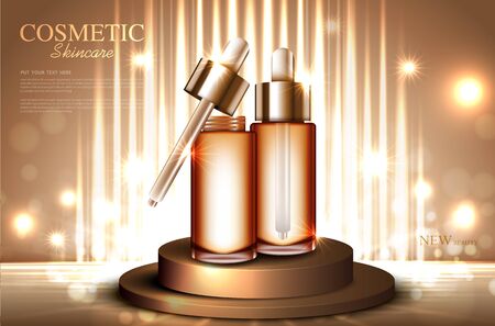 Hydrating facial serum for annual sale or festival sale. silver and gold serum mask bottle isolated on glitter particles background for product presentation. Graceful cosmetic ads, Vector illustrationの写真素材