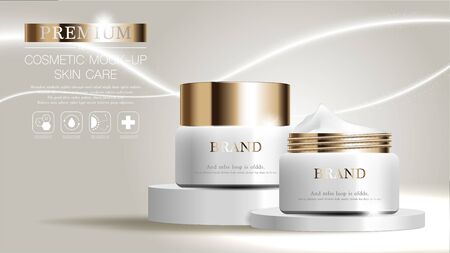 Hydrating facial cream for annual sale or festival sale. silver and gold cream mask bottle isolated on glitter particles background. Graceful cosmetic ads, illustration.の写真素材