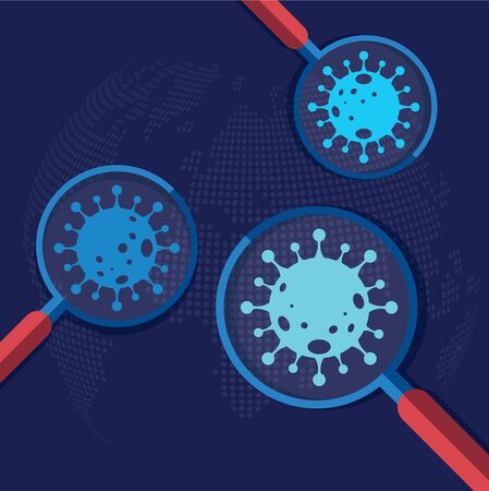 Magnifying glass covid-19 Coronavirus concept outbreak influenza background.Pandemic medical health risk concept with disease cell is dangerous vector design.の写真素材