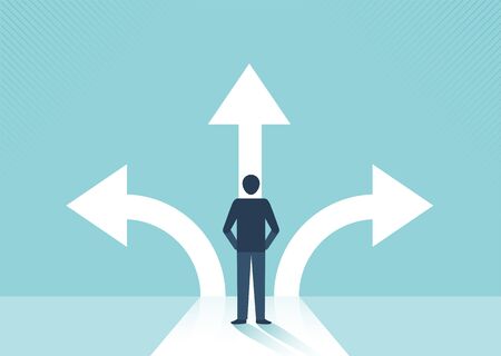 Businessman standing on the crossroads with arrows. Different direction and success concept vector design.の写真素材