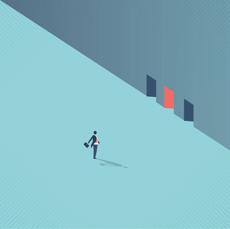 Businessman walking to door in wall. Symbol of achievement, challenge, success, chance, new beginning. vector design.の写真素材