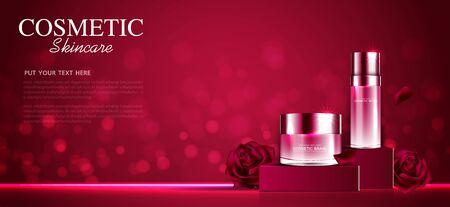 Hydrating facial rose cream for annual sale or festival sale. red cream mask bottle isolated on glitter particles background for product presentation. Graceful cosmetic ads, Vector illustrationの写真素材
