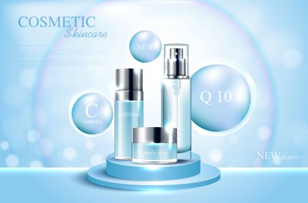 Hydrating facial cream for annual sale or festival sale. silver and blue cream mask bottle isolated on glitter particles background for product presentation. Graceful cosmetic ads, Vector illustrationの写真素材
