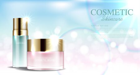 Hydrating facial skincare for annual sale or festival sale. Unicorn cream mask bottle isolated on glitter particles background for product presentation. Graceful cosmetic ads, Vector illustrationの写真素材