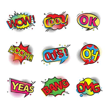Set of comic text, pop art style or Comic speech bubbles set with different emotions. Vector bright dynamic cartoon illustrations.のイラスト素材