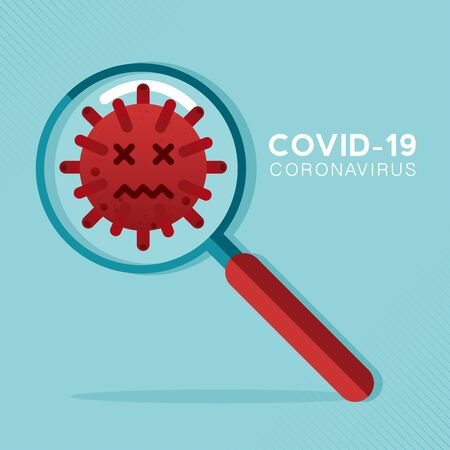 Magnifying glass covid-19 Coronavirus concept outbreak influenza background.Pandemic medical health risk concept with disease cell is dangerous vector design cartoon.のイラスト素材