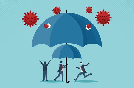 COVID-19 or Coronavirus outbreak financial crisis help policy, company and business to survive concept, businessman leader stand safe by cover himself with big umbrella. vector cartoon design.のイラスト素材